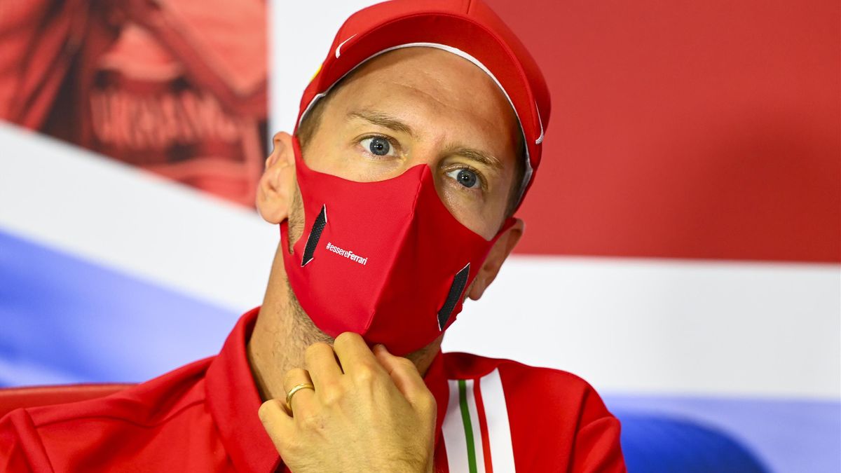 Sebastian Vettel of Germany and Ferrari talks in the drivers press conference during previews ahead of the F1 70th Anniversary Grand Prix at Silverstone on August 06, 2020 in Northampton, England.