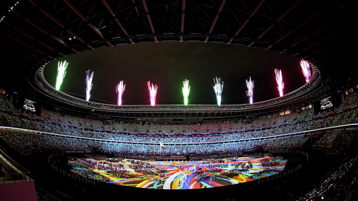 TOKYO, JAPAN - AUGUST 24: Fireworks explode during the opening ceremony of the Tokyo 2020 Paralympic Games at the Olympic Stadium on August 24, 2021 in Tokyo, Japan. (Photo by Naomi Baker/Getty Images)