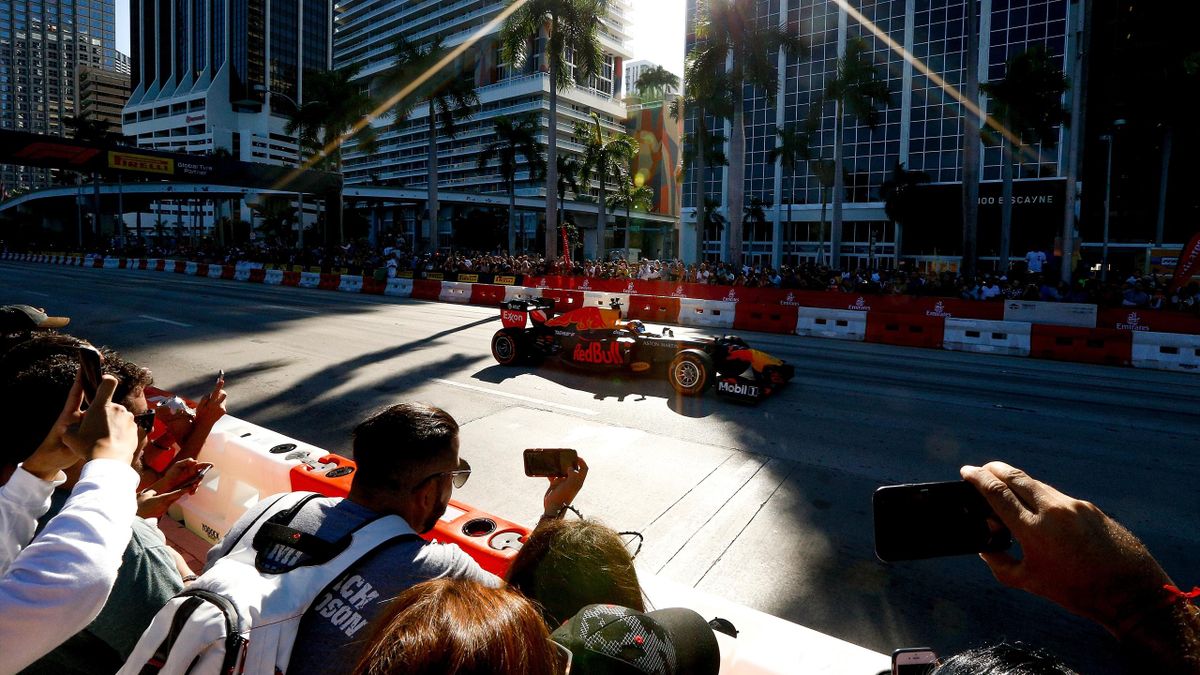 Red Bull Racing driver Patrick Friesacher performs a show run during the F1 Festival at Bayfront Park on October 20, 2018 in Miami, Florida
