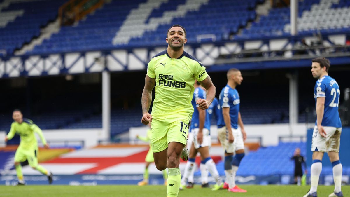 Callum Wilson of Newcastle United celebrates after scoring his team's first goal during the Premier League match between Everton and Newcastle United at Goodison Park