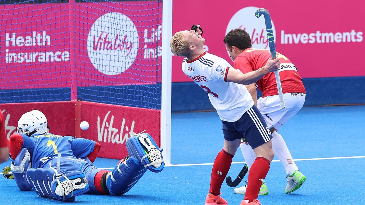 Rupert Shipperley of Great Britain celebrates scoring the opening goal during the FIH Hockey Pro League match between Great Britain and Spain at Lee Valley Hockey and Tennis Centre on May 23, 2021