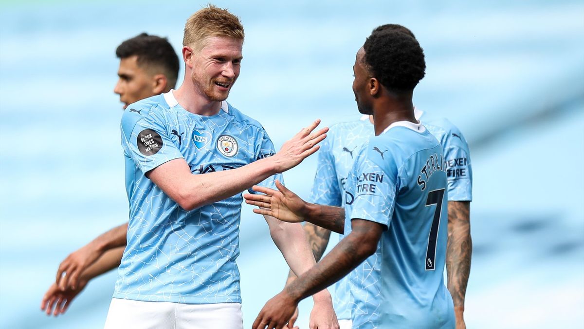 Kevin De Bruyne celebrates a Manchester City win with Raheem Sterling