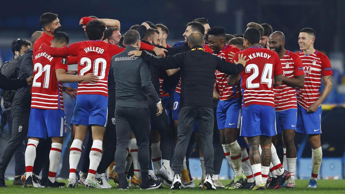 Players of Granada CF celebrate after winning the UEFA Europa League Round of 32 match between SSC Napoli and Granada CF on February 25, 2021 in Naples, Italy.