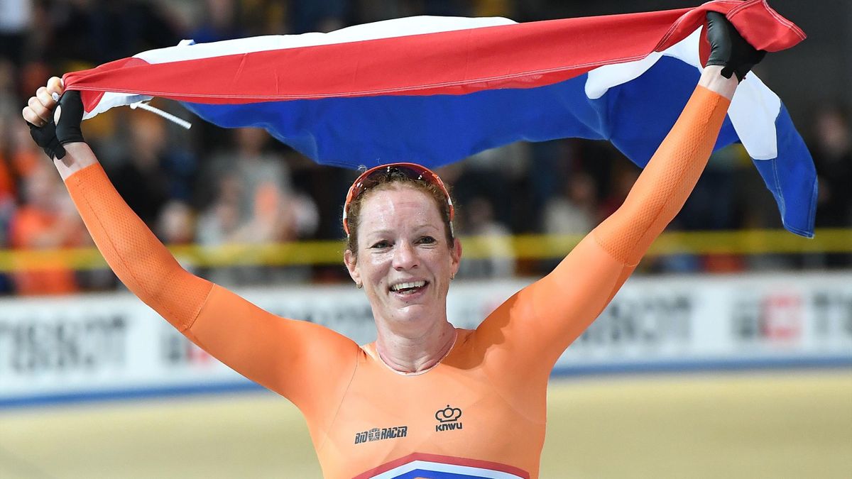 Gold medal winner Netherland's Kirsten Wild celebrates winning the women's omnium during the UCI Track Cycling World Championships in Apeldoorn on March 2