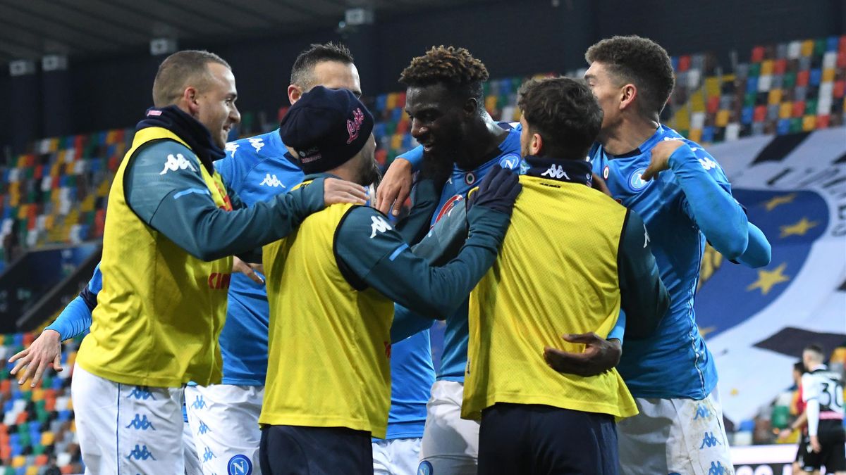 La gioia di Timoue Bakayoko dopo il gol vittoria a tempo quasi scaduto, Udinese-Napoli, Serie A 2020-21, Getty Images