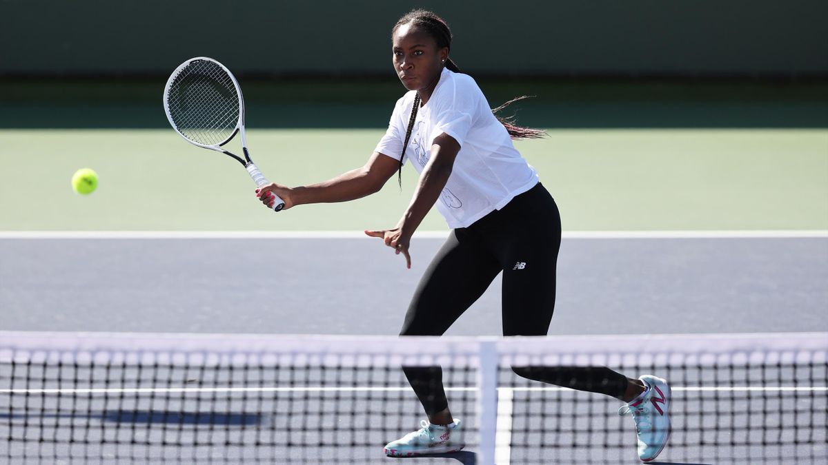 Cori Gauff of the United States in action during a practice session on Day 2 of the BNP Paribas Open at the Indian Wells Tennis Garden on March 05, 2021 in Indian Wells, California.