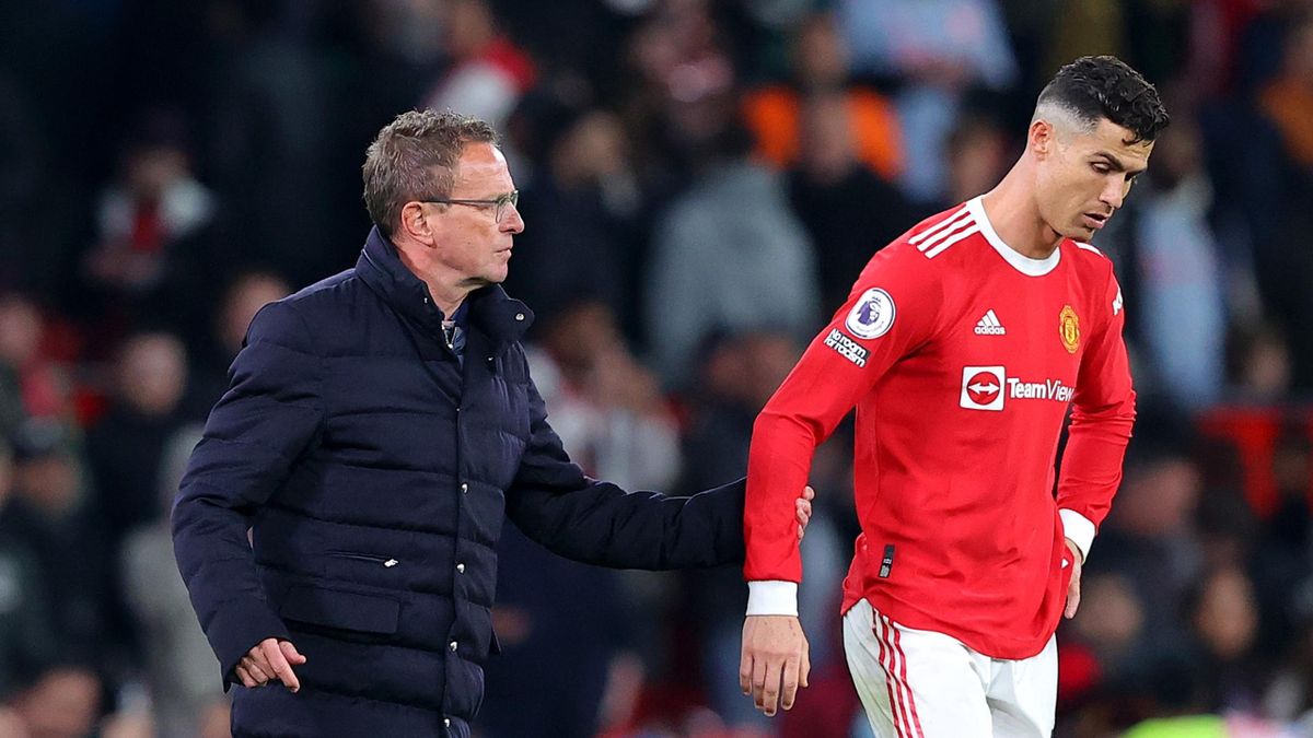 Ralf Rangnick embraces Cristiano Ronaldo of Manchester United after their sides draw during the Premier League match between Manchester United and Chelsea at Old Trafford on April 28, 2022 in Manchester, England. (Photo by Alex Livesey/Getty Images)
