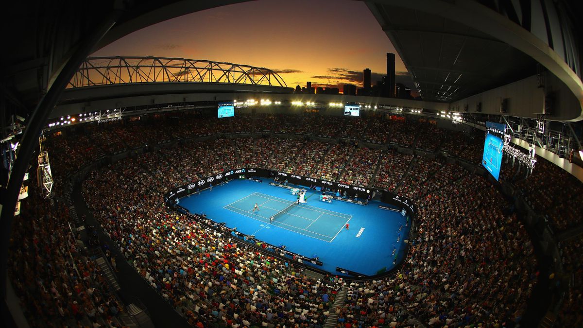 General view of Rod Laver Arena at sunset in the third round match between Alex De Minaur of Australia and Rafael Nadal of Spain during day five of the 2019 Australian Open at Melbourne Park on January 18, 2019 in Melbourne, Australia.