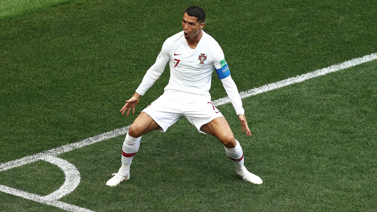 Cristiano Ronaldo of Portugal celebrates after scoring his team's first goal during the 2018 FIFA World Cup Russia group B match between Portugal and Morocco at Luzhniki Stadium on June 20, 2018 in Moscow, Russia.