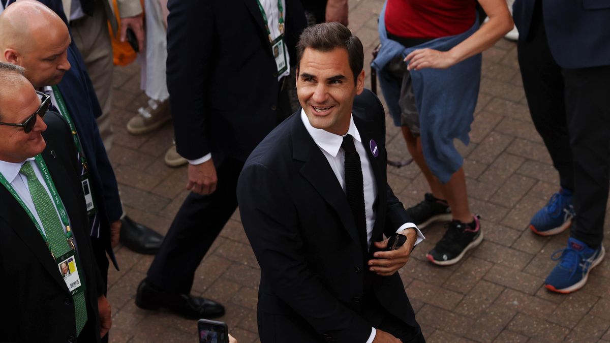 Roger Federer of Switzerland arrives on day seven of The Championships Wimbledon 2022 at All England Lawn Tennis and Croquet Club on July 03, 2022 in London, England.