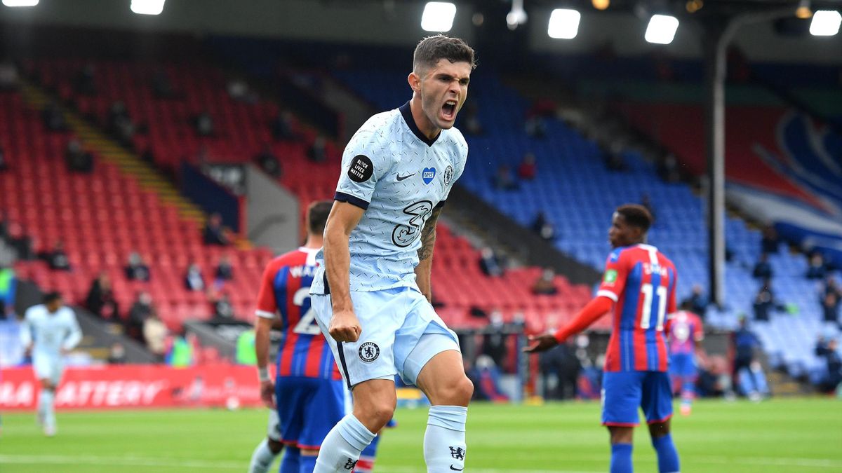 Christian Pulisic of Chelsea celebrates after scoring his team's second goal during the Premier League match between Crystal Palace and Chelsea FC at Selhurst Park on July 07, 2020 in London, England. Football Stadiums around Europe remain empty due to t