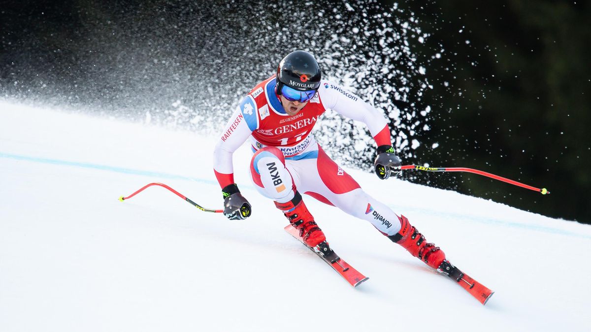 Mauro Caviezel of Switzerland competes during a training session for the Audi FIS alpine ski world cup men's downhill on January 31, 2020 in Garmisch-Partenkirchen