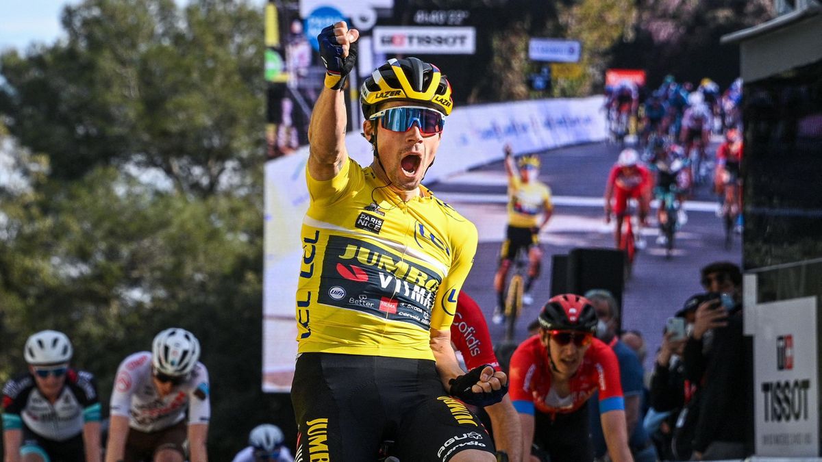 Team Jumbo rider Slovenia's Primoz Roglic wearing the overall leader's yellow jersey celebrates as he crosses the finish line at the end of the 6th stage of the 79th Paris - Nice cycling race, 202.5 km between Brignoles and Biot, on March 12, 2021