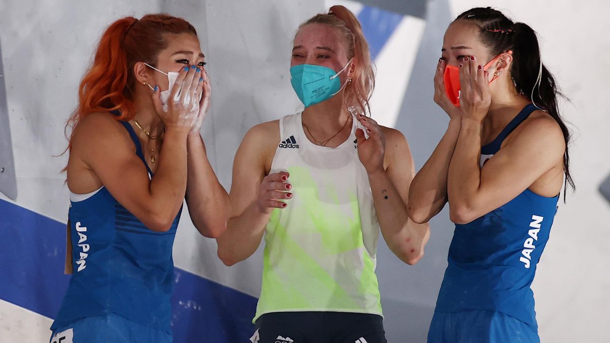 Miho Nonaka of Team Japan, Janja Garnbret of Team Slovenia and Akiyo Noguchi of Team Japan celebrate during the Sport Climbing Women's Combined Final on day fourteen of the Tokyo 2020 Olympic Games at Aomi Urban Sports Park on August 06, 2021 in Tokyo, Ja