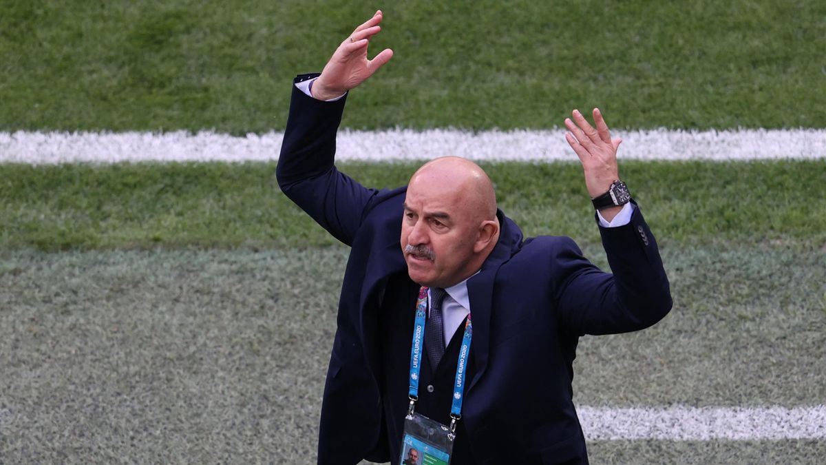 Russia's coach Stanislav Cherchesov reacts from the sidelines during the UEFA EURO 2020 Group B football match between Finland and Russia at the Saint Petersburg Stadium in Saint Petersburg on June 16, 2021