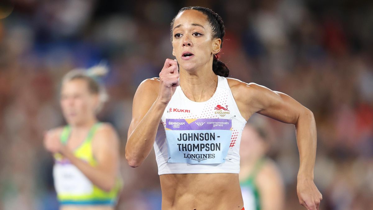 Katarina Johnson-Thompson of Team England competes during the Women's Heptathlon 200m on day five of the Birmingham 2022 Commonwealth Games at Alexander Stadium on August 02, 2022 in the Birmingham, England.