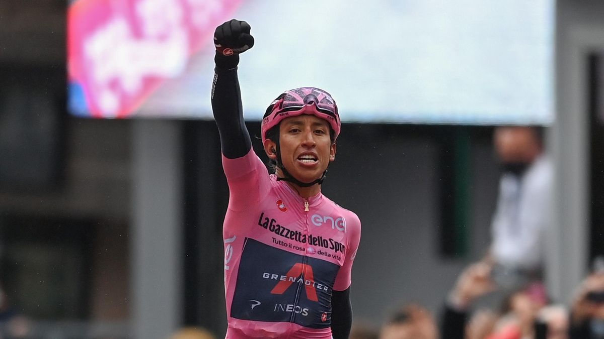Egan Arley Bernal Gomez of Colombia and Team INEOS Grenadiers Pink Leader Jersey stage winner celebrates at arrival during the 104th Giro d'Italia 2021, Stage 16 a 153km stage shortened due to bad weather conditions from Sacile to Cortina d'Ampezzo 1210m