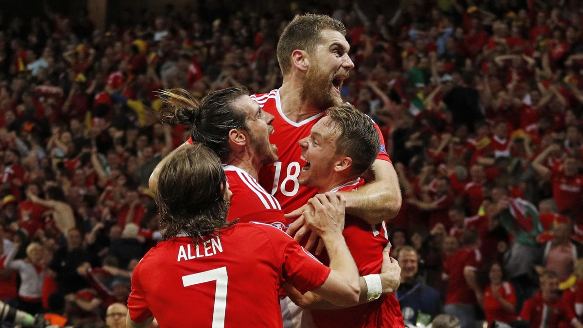 Wales' Sam Vokes celebrates scoring their third goal