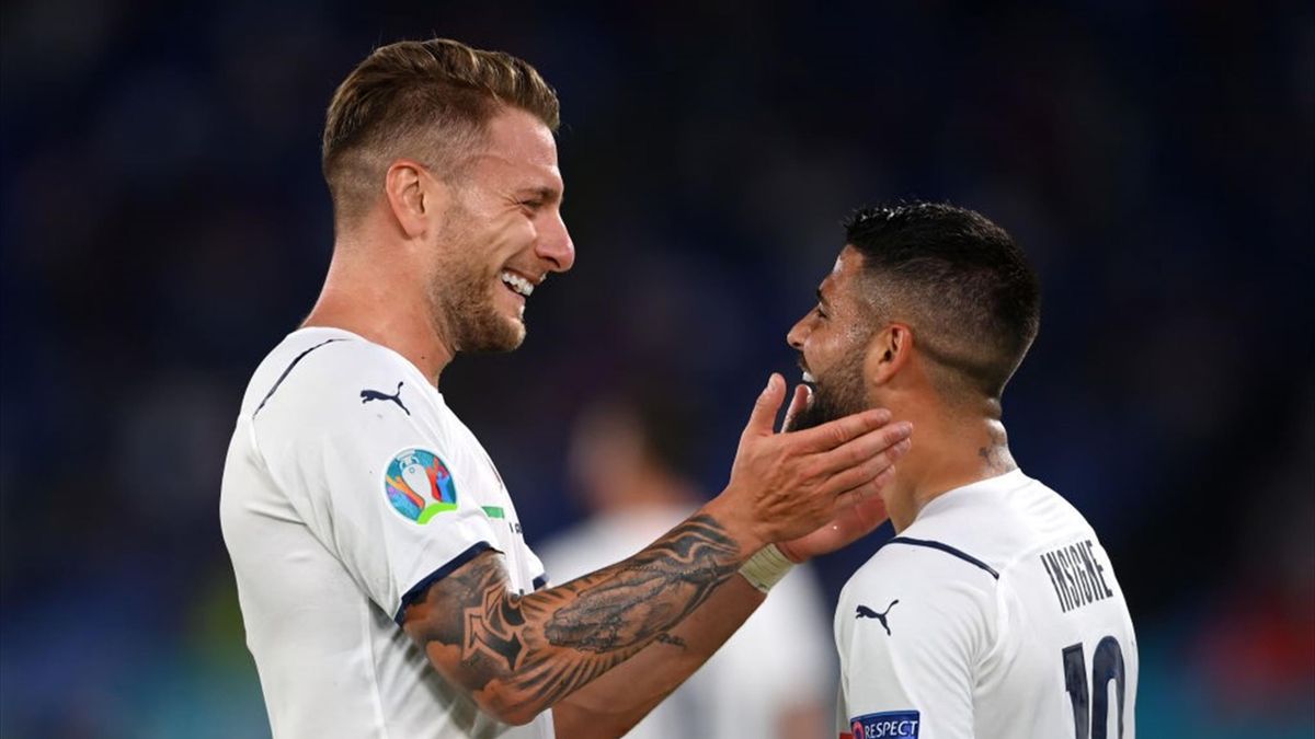 Ciro Immobile e Lorenzo Insigne esultano per i gol realizzati durante Italia-Turchia - Europei 2020
