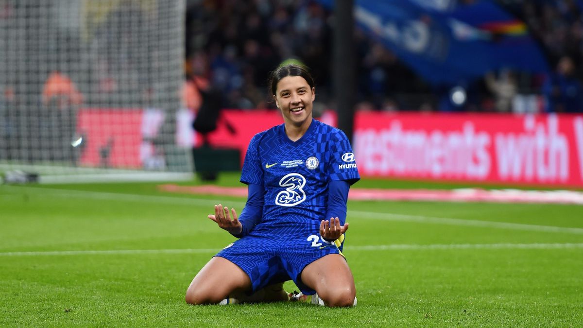 Sam Kerr celebrates her goal for Chelsea in the Women's FA Cup final, Wembley, December 5, 2021