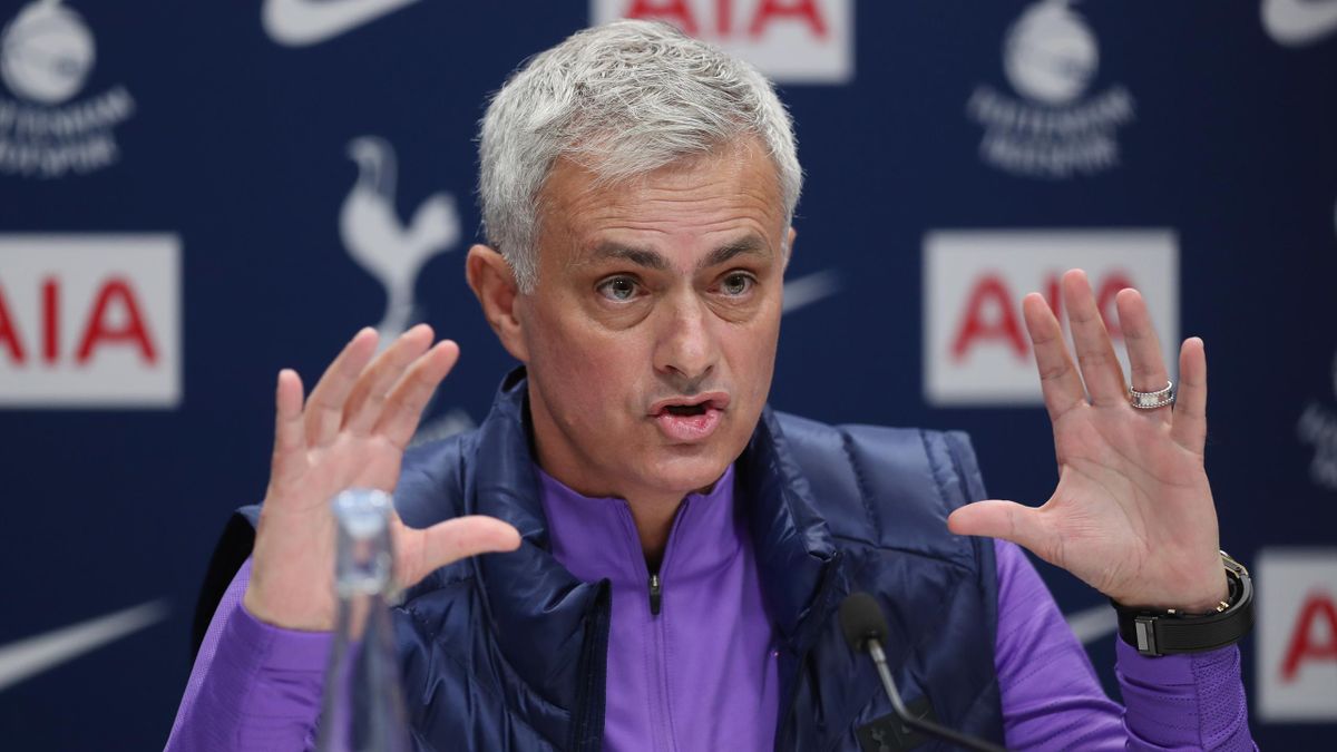 Jose Mourinho, Head Coach of Tottenham Hotspur talks to the media during the Tottenham Hotspur press conference at Tottenham Hotspur