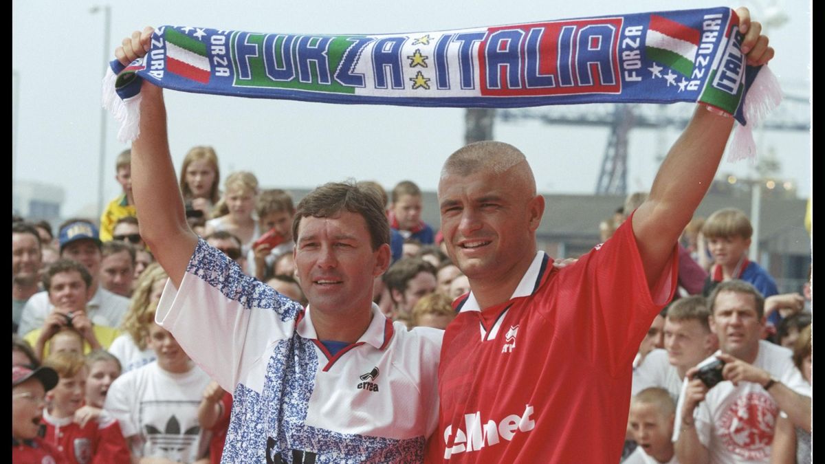 Bryan Robson the manager of Middlesbrough with Fabrizio Ravanelli of Italy as he signs for Midllesbrough and is greeted by the home crowd at Riverside Stadium in Middlesbrough.
