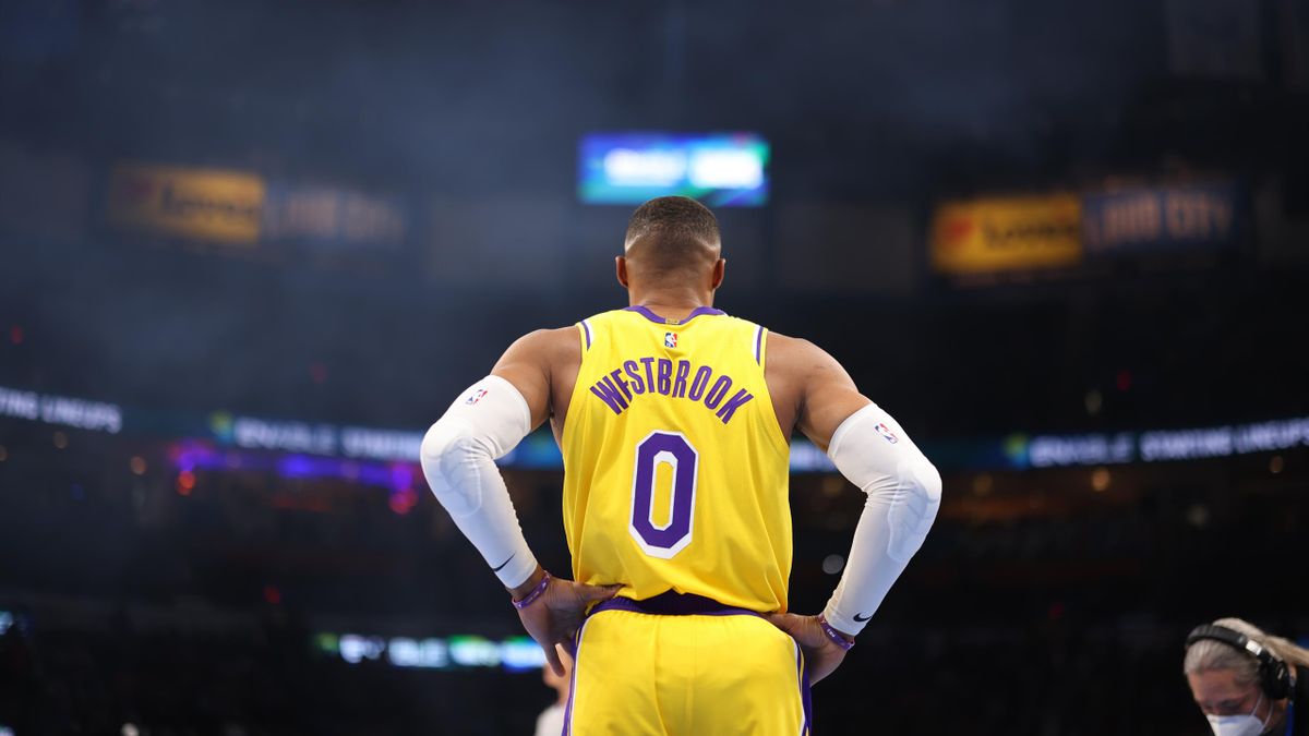 Russell Westbrook #0 of the Los Angeles Lakers looks on prior to a game against the Oklahoma City Thunder on October 27, 2021 at Paycom Centerin Oklahoma City, Oklahoma.