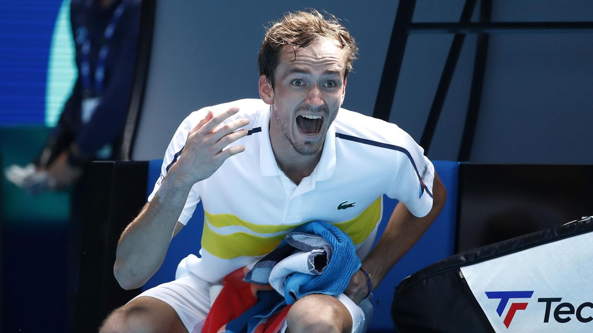 Daniil Medvedev of Russia reacts as he sits down after losing the third set in his Men's Singles third round match against Filip Krajinovic of Serbia during day six of the 2021 Australian Open