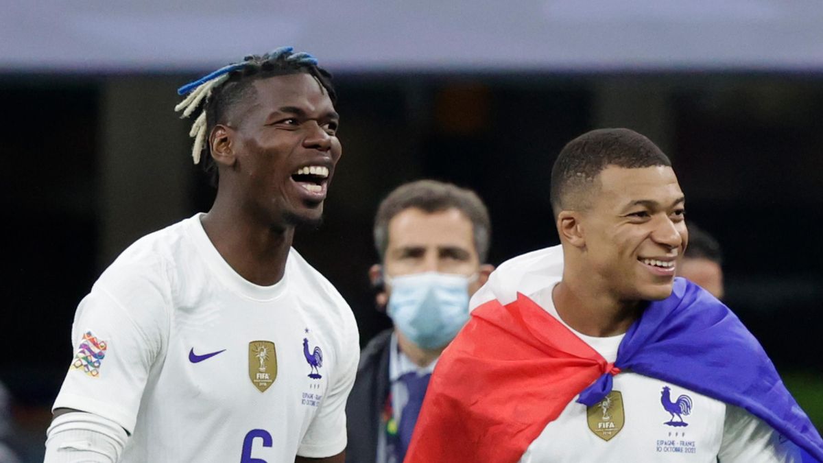 Paul Pogba of France and Kylian Mbappe of France during the UEFA Nations league match between Spain v France at the San Siro on October 10, 2021 in Milan Italy