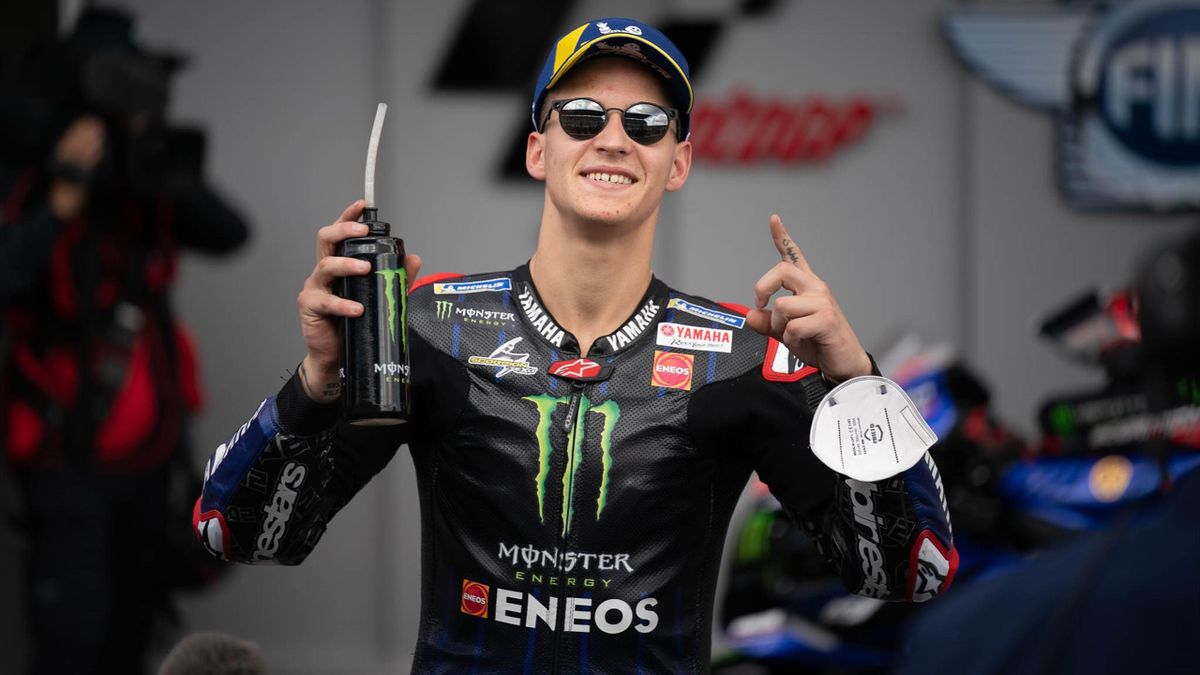 Fabio Quartararo of France and Monster Energy Yamaha MotoGP at parc ferme after he takes the pole position during qualifying session at Autodromo Internacional Do Algarve on April 17, 2021 in Portimao, Portugal