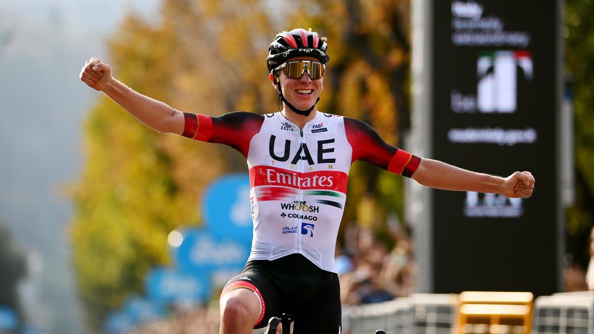 Tadej Pogacar of Slovenia and UAE Team Emirates celebrates at finish line as race winner during the 116th Il Lombardia 2022 a 253km one day race from Bergamo to Como / #iLombardia / on October 08, 2022 in Como, Italy