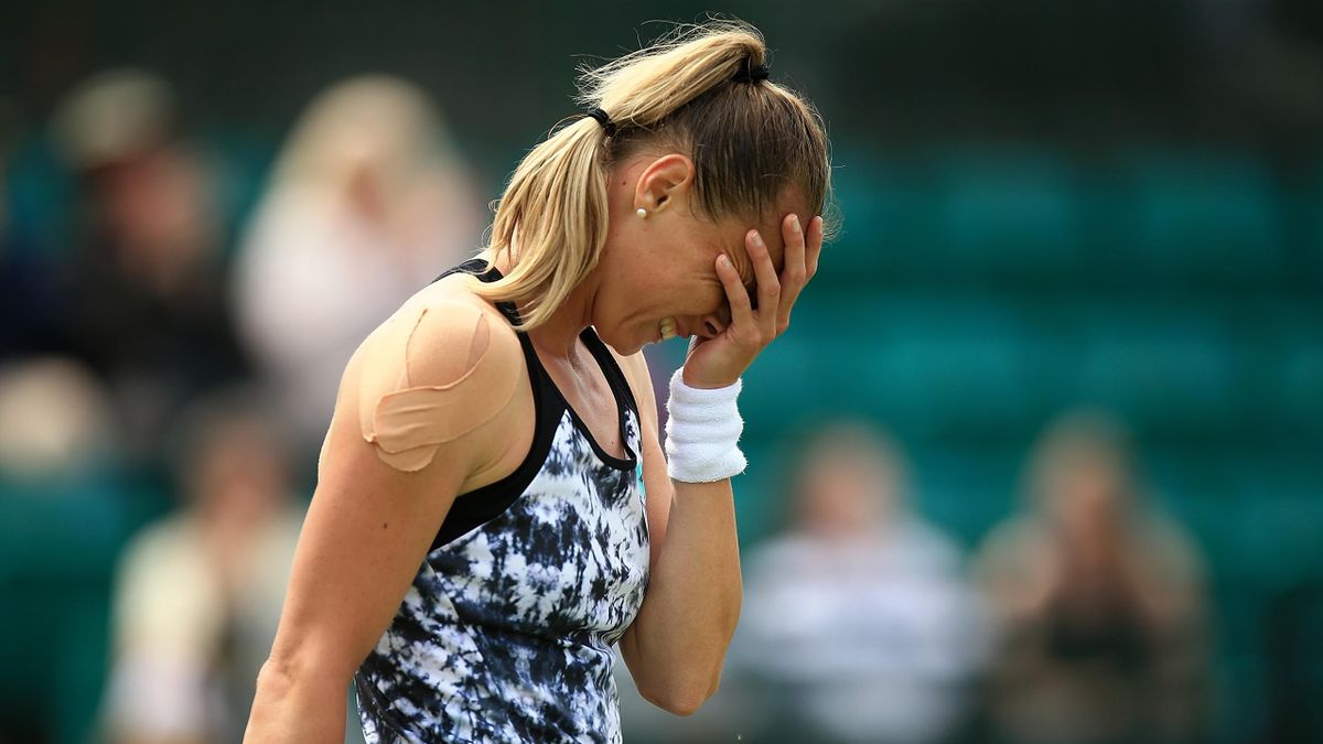 Magdalena Rybarikova of Slovakia reacts during her second round match against Mona Barthel of Germany on Day Five of the Nature Valley Open at Nottingham Tennis Centre on June 13, 2018 in Nottingham, United Kingdom