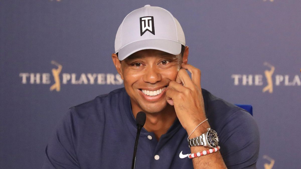 Tiger Woods of the United States speaks to the media as a preview for the 2019 Players Championship on the Stadium Course at TPC Sawgrass on March 12, 2019 in Ponte Vedra Beach.