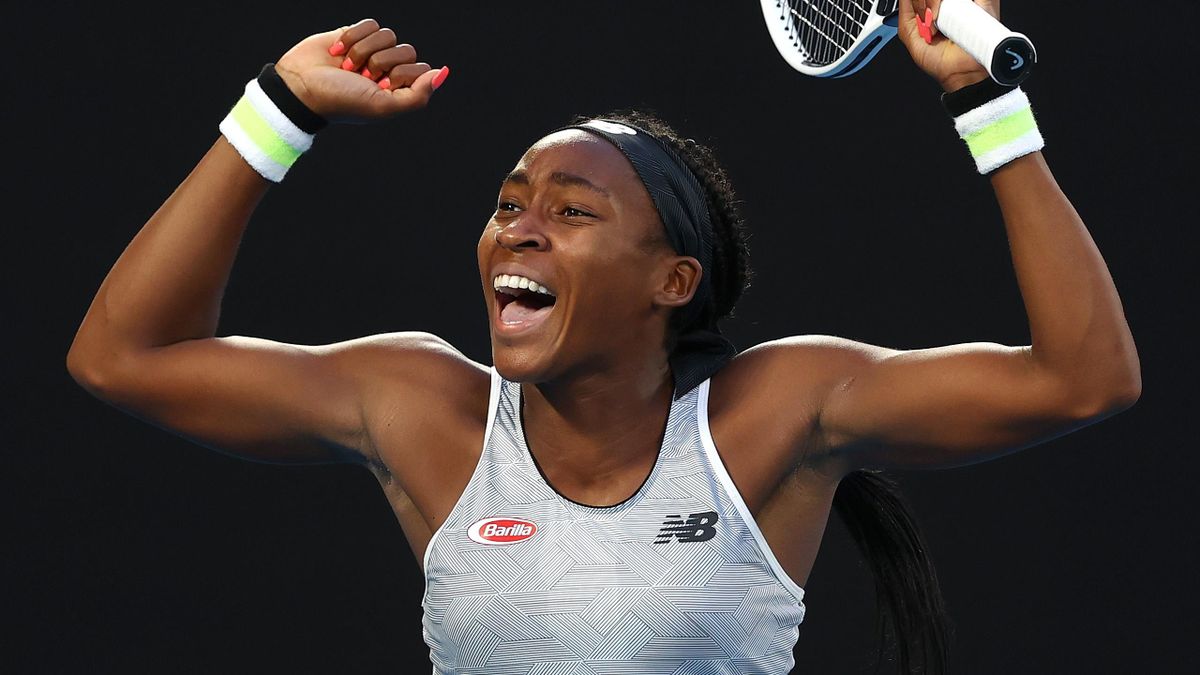 Coco Gauff of the United States celebrates after winning her Women's Singles third round match against Naomi Osaka of Japan day five of the 2020 Australian Open at Melbourne Park on January 24, 2020