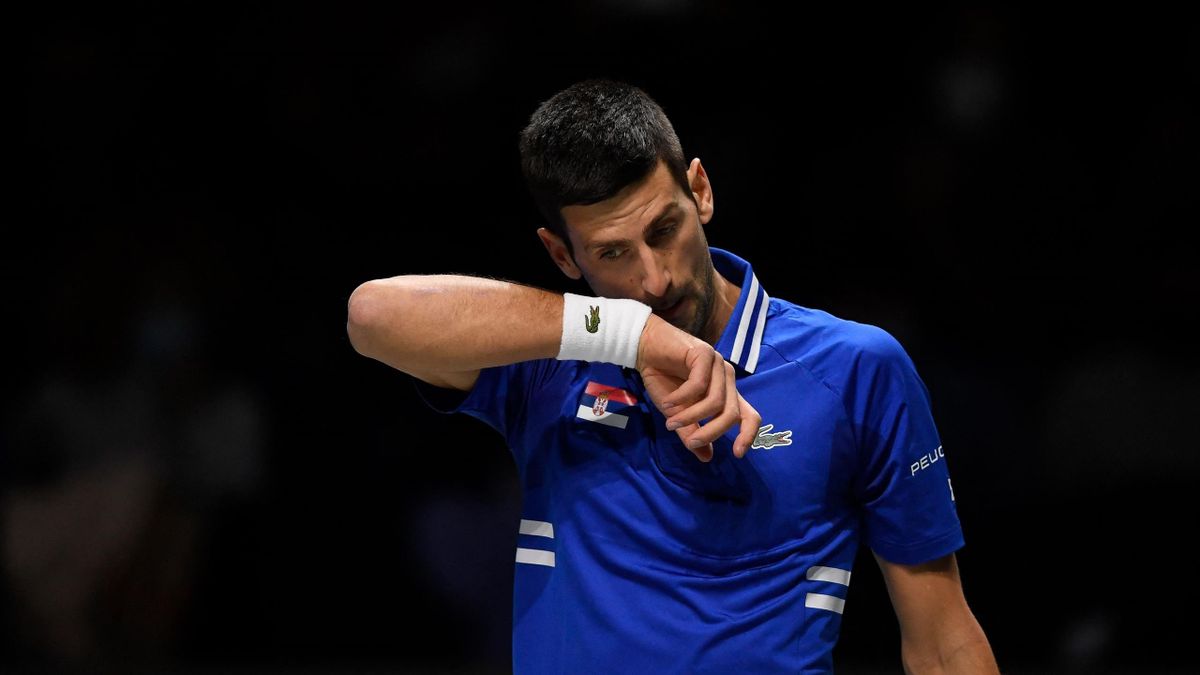 Serbia's Novak Djokovic gestures during the men's singles semi-final tennis match between Croatia and Serbia of the Davis Cup tennis tournament at the Madrid arena in Madrid on December 3, 2021. (Photo by OSCAR DEL POZO / AFP)
