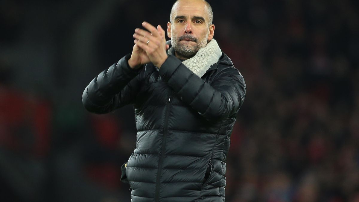 LIVERPOOL, ENGLAND - NOVEMBER 10: Pep Guardiola, Manager of Manchester City applauds fans following his team's defeat in the Premier League match between Liverpool FC and Manchester City at Anfield on November 10, 2019 in Liverpool, United Kingdom. (Photo