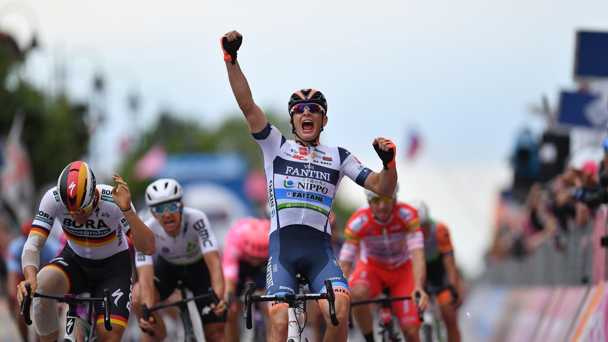 Damiano Cima of Italy and Team Nippo Vini Fantini - Faizane Celebration / Pascal Ackermann of Germany and Team Bora - Hansgrohe Disappointment / during the 102nd Giro d'Italia 2019, Stage 18 a 222km stage from Valdaora to Santa Maria di Sala Tour of Ital