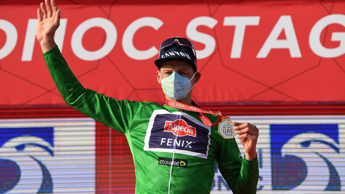 Mathieu van der Poel of The Netherlands and Team Alpecin-Fenix Green Points Jersey Celebration, during the 3rd UAE Tour 2021, Stage 1