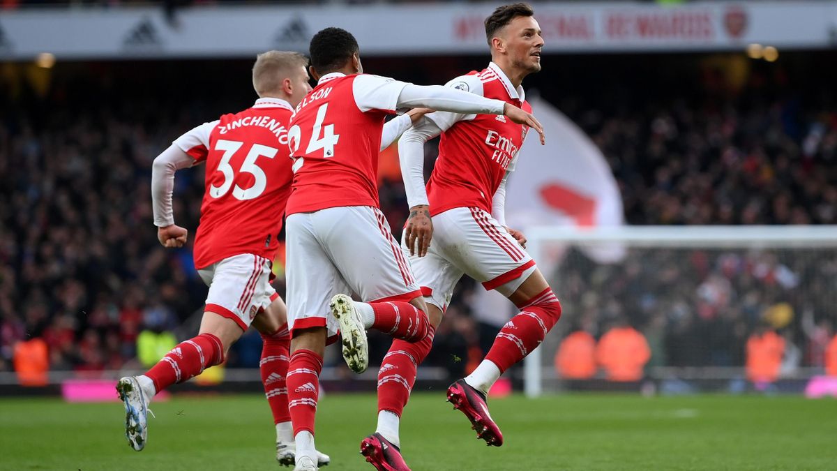 LONDON, ENGLAND - MARCH 04: Ben White of Arsenal celebrates with teammates after scoring the team's second goal during the Premier League match between Arsenal FC and AFC Bournemouth at Emirates Stadium on March 04, 2023 in London, England. (Photo by Shau