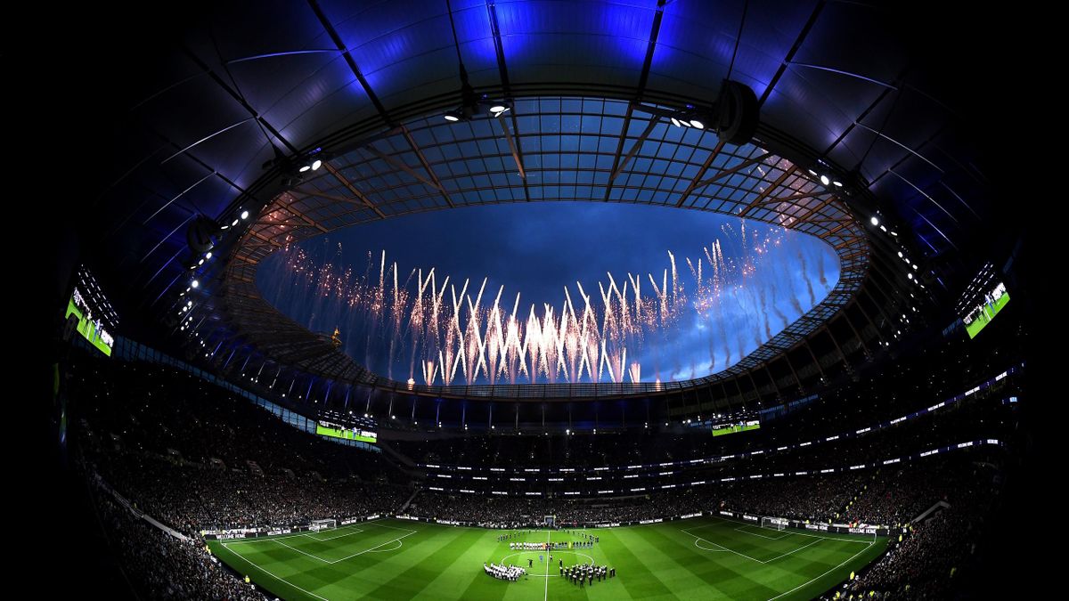 General view inside the stadium as fireworks are seen during the Opening Ceremony of the Tottenham Hotspur Stadium prior to the the Premier League match between Tottenham Hotspur and Crystal Palace at Tottenham Hotspur Stadium on April 03, 2019 in London