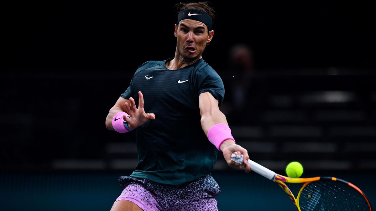 Spain's Rafael Nadal returns the ball to Spain's Pablo Carreno Busta during their men's singles quarter-final tennis match on day 5 at the ATP World Tour Masters 1000 - Paris Masters (Paris Bercy) - indoor tennis tournament at The AccorHotels Arena in Par