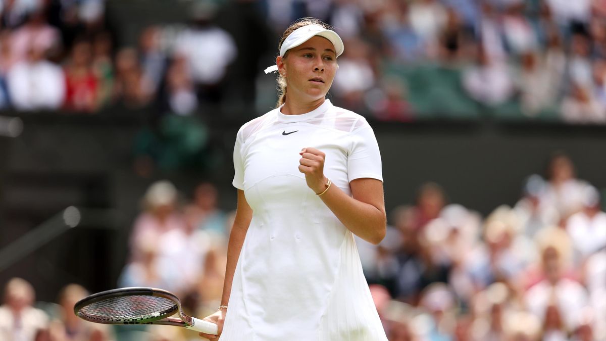 Amanda Anisimova celebrates a point on day six of The Championships Wimbledon 2022 at All England Lawn Tennis and Croquet Club on July 02, 2022 in London, England
