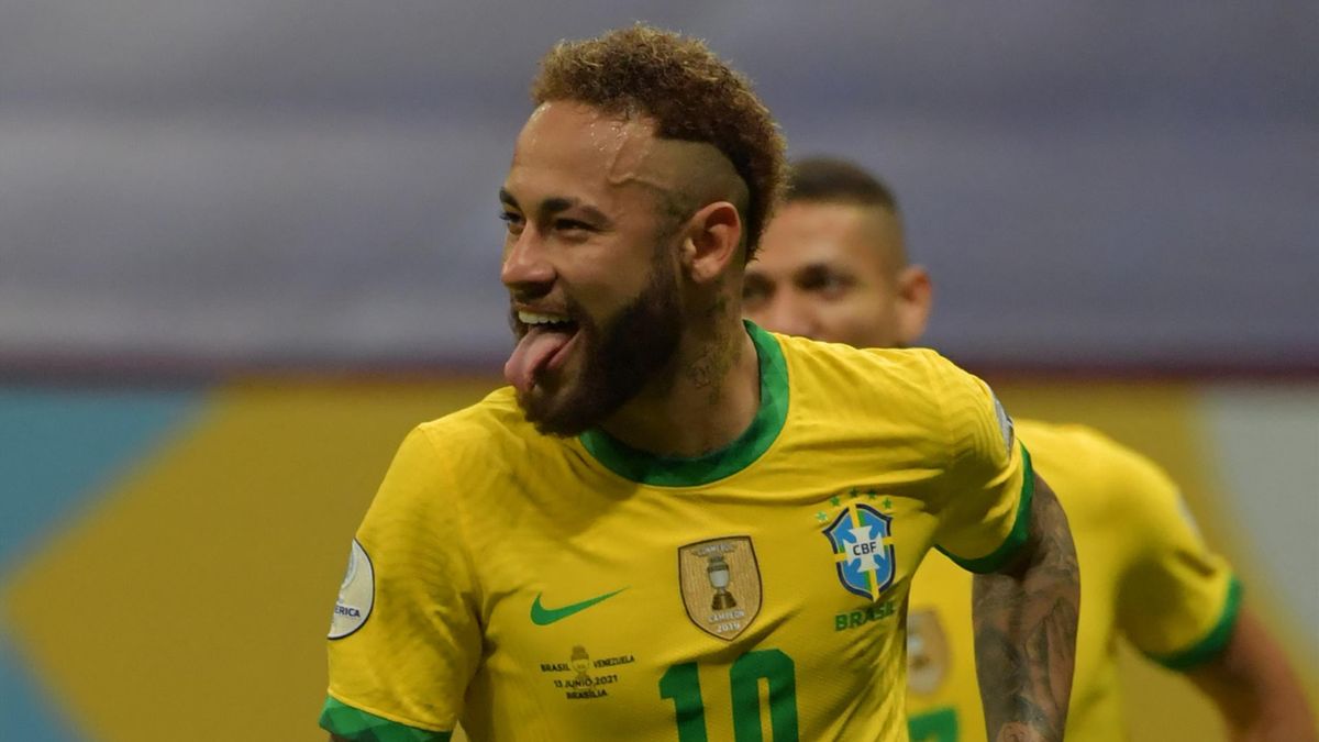 Neymar celebrates scoring the opening goal for Brazil in a 3-0 win over Venezuela