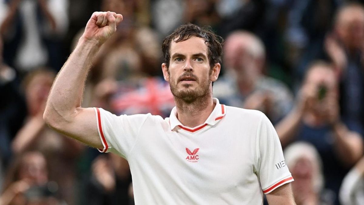 Britain's Andy Murray celebrates after beating Georgia's Nikoloz Basilashvili in their men's singles first round match on the first day of the 2021 Wimbledon Championships at The All England Tennis Club in Wimbledon, southwest London, on June 28, 2021