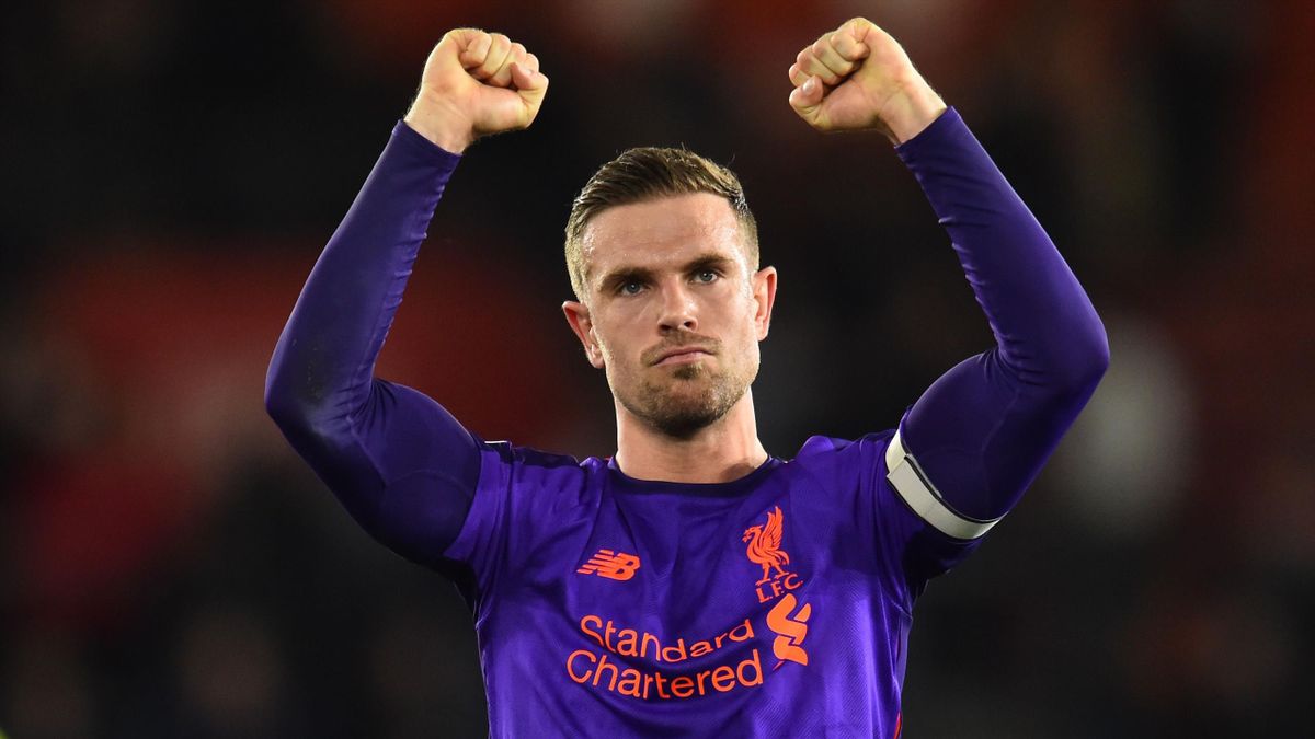 Liverpool's English midfielder Jordan Henderson celebrates on the pitch after the English Premier League football match between Southampton and Liverpool at St Mary's Stadium in Southampton, southern England on April 5, 2019
