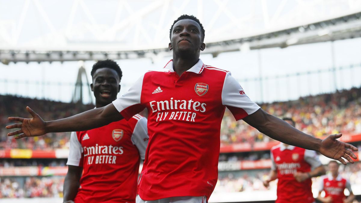 Eddie Nketiah of Arsenal celebrates after scoring their team's second goal during the Premier League match between Arsenal and Everton at Emirates Stadium on May 22, 2022 in London, England.