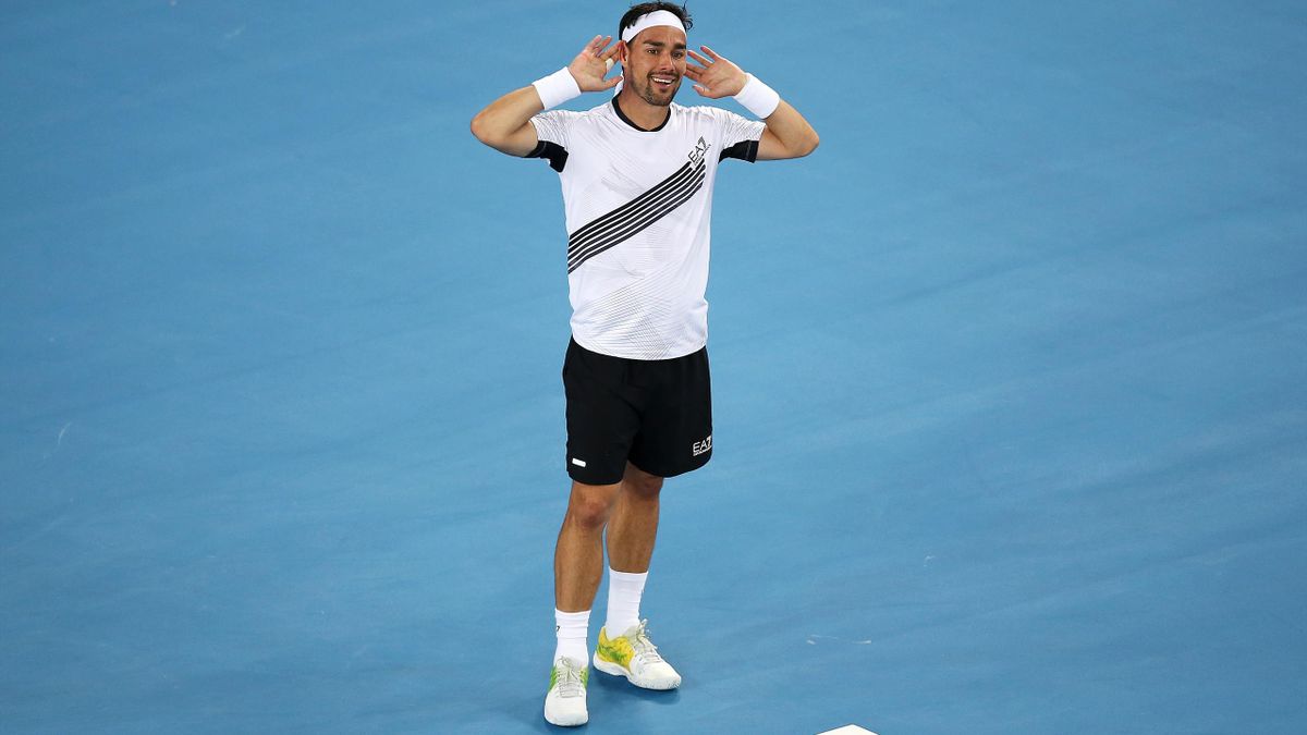 Fabio Fognini of Italy celebrates after winning match point during his Men's Singles second round match against Jordan Thompson of Australia on day three of the 2020 Australian Open at Melbourne Park on January 22, 2020 in Melbourne, Australia.