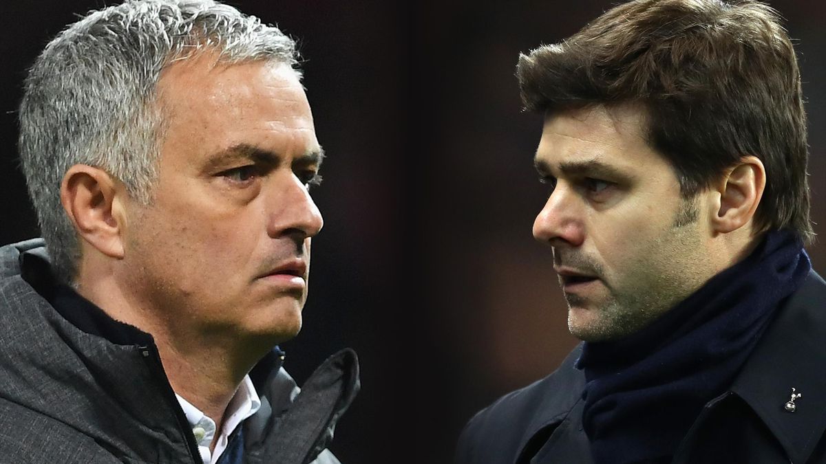 Jose Mourinho manager of Manchester United (L) and Mauricio Pochettino, Manager of Tottenham Hotspur.