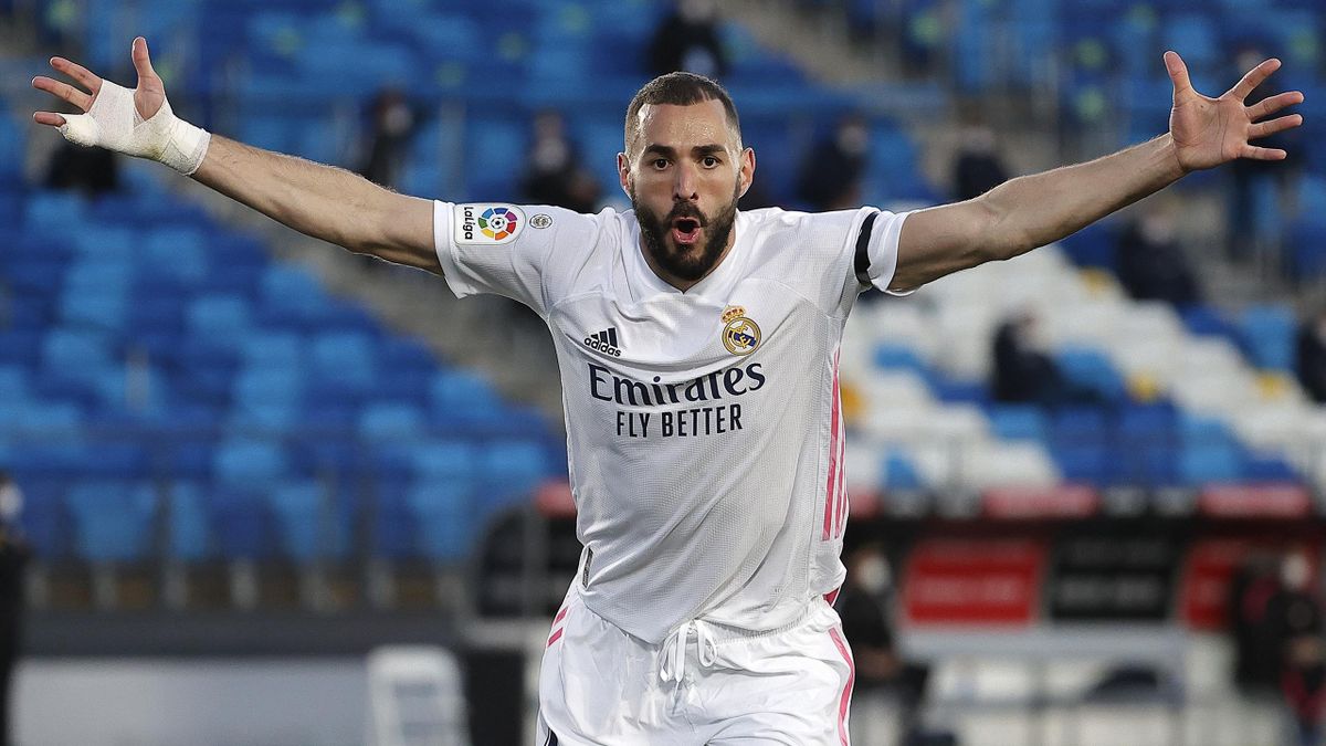 Karim Benzema of Real Madrid celebrates after scoring a goal as referee disallow the goal during La Liga match between Real Madrid and Sevilla at Alfredo Di Stefano Stadium