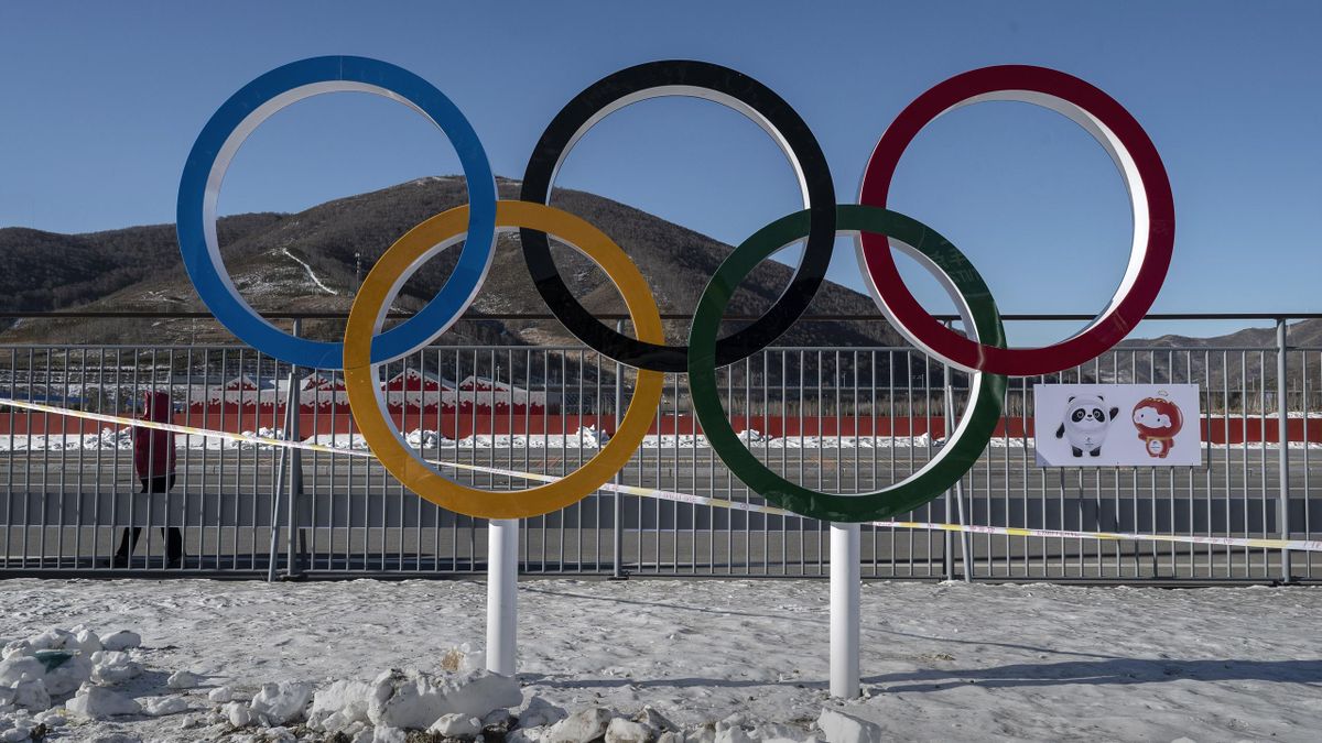 ZHANGJIAKOU, CHINA - JANUARY 03: The Olympic Rings are seen inside one of the Athletes Villages for the Beijing 2022 Winter Olympics before the area was closed on January 3, 2022 in Chongli county, Zhangjiakou, Hebei province, northern China. The area, wh